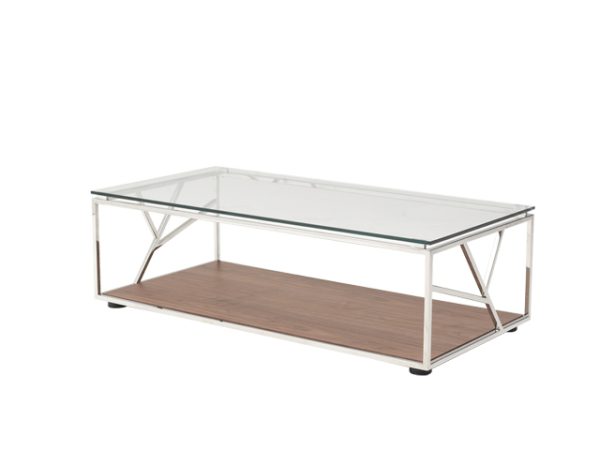 47" Clear and Brown Glass And Stainless Steel Floor Shelf Coffee Table With Shelf - Image 3