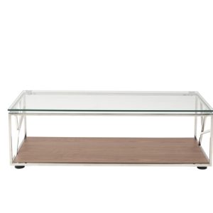 47" Clear and Brown Glass And Stainless Steel Floor Shelf Coffee Table With Shelf
