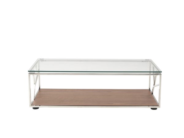 47" Clear and Brown Glass And Stainless Steel Floor Shelf Coffee Table With Shelf
