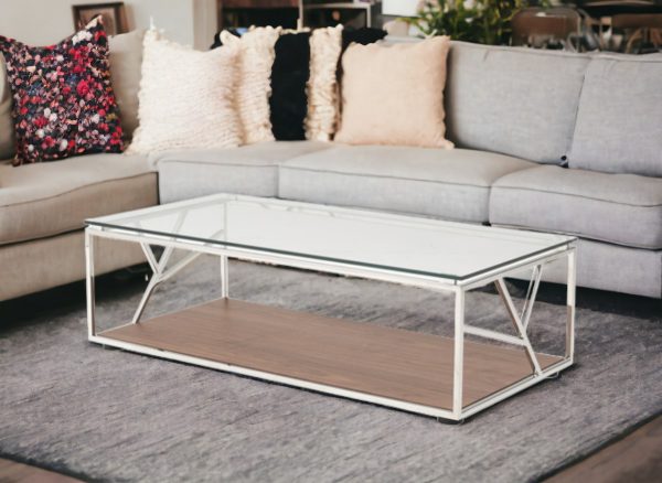 47" Clear and Brown Glass And Stainless Steel Floor Shelf Coffee Table With Shelf - Image 2