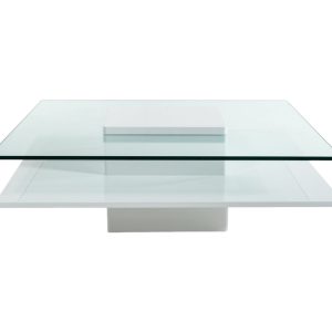 39" Clear and White Glass And Wood Block Coffee Table With Shelf