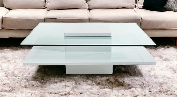 39" Clear and White Glass And Wood Block Coffee Table With Shelf - Image 2