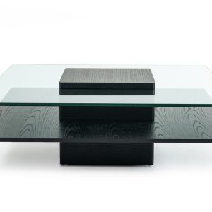 39" Clear and Black Glass And Wood Pedestal Coffee Table With Shelf