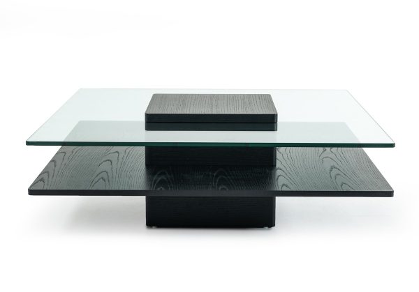 39" Clear and Black Glass And Wood Pedestal Coffee Table With Shelf