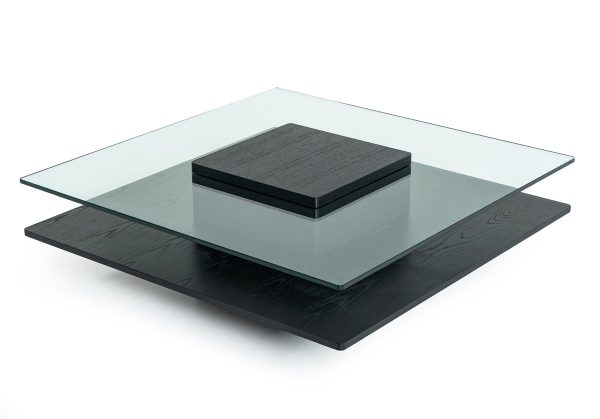 39" Clear and Black Glass And Wood Pedestal Coffee Table With Shelf - Image 3
