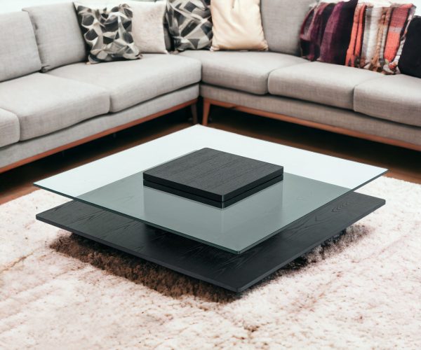 39" Clear and Black Glass And Wood Pedestal Coffee Table With Shelf - Image 2