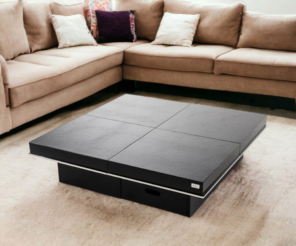 47" Black Faux Leather And Wood Square Block Coffee Table - Image 2