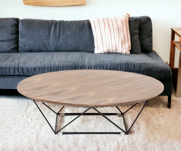 39" Brown and Black Wood And Stainless Steel Round Cross Legs Coffee Table - Image 2
