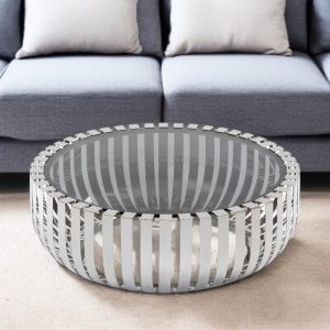 39" Clear and Silver Glass And Stainless Steel Round Abstract Coffee Table