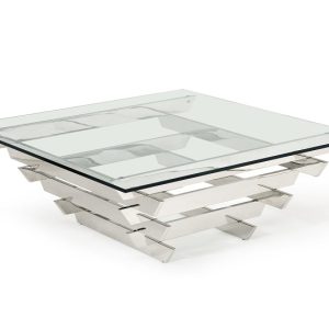 39" Clear and Silver Glass And Stainless Steel Square Sled Coffee Table With Shelf
