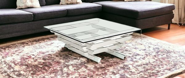 39" Clear and Silver Glass And Stainless Steel Square Sled Coffee Table With Shelf - Image 2