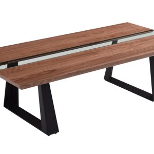 16" Walnut Veneer  Metal  And Glass Coffee Table