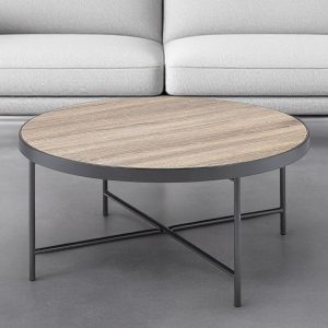 32" Brown and Black Wood And Iron Round Coffee Table