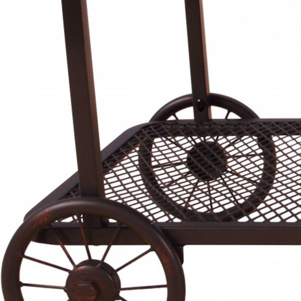 47" Brown and Dark Brown Solid Wood And Iron Wheel Coffee Table With Shelf - Image 3