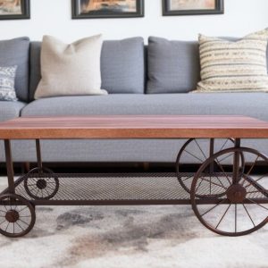 47" Brown and Dark Brown Solid Wood And Iron Wheel Coffee Table With Shelf