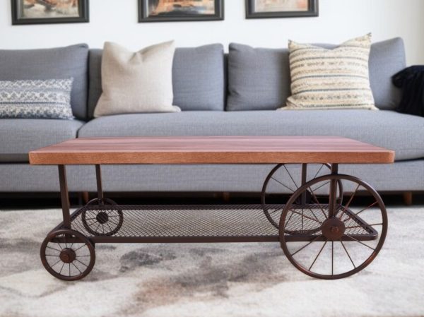 47" Brown and Dark Brown Solid Wood And Iron Wheel Coffee Table With Shelf