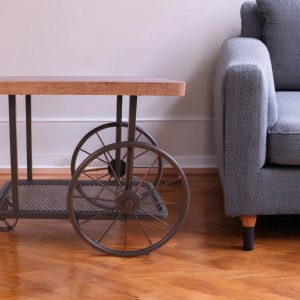 22" Bronze And Oak Distressed Wood And Iron End Table With Shelf