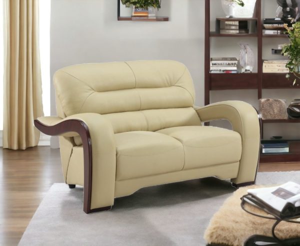 56" Beige And Dark Brown Faux Leather Love Seat - Image 2