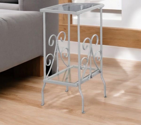 30" Silver And Clear Glass And Metal Square End Table With Shelf - Image 2