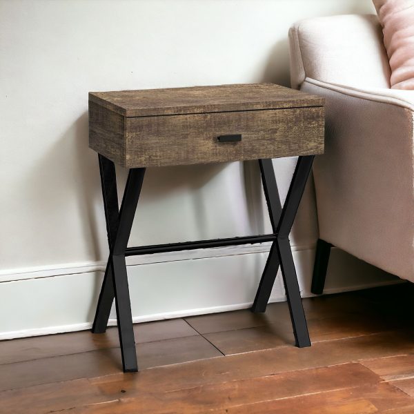 22" Black And Brown Wood And Metal End Table With Drawer - Image 2