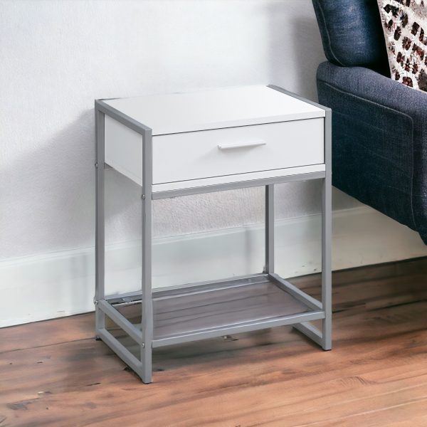 22" White Glass And Metal End Table With Drawer And Shelf - Image 2
