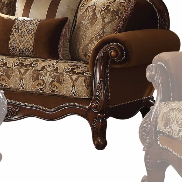 69" Brown Damask Chesterfield Loveseat and Toss Pillows - Image 3