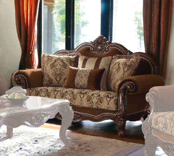 69" Brown Damask Chesterfield Loveseat and Toss Pillows - Image 2