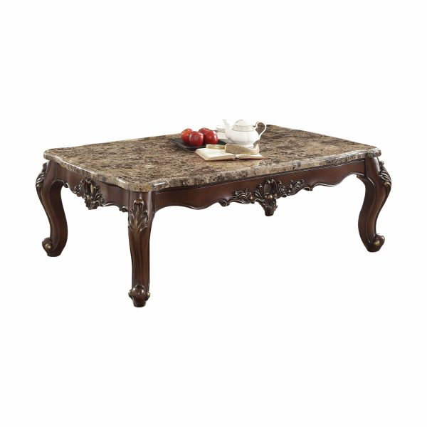 34" Brown and Dark Brown Genuine Marble And Solid Wood Free Form Coffee Table