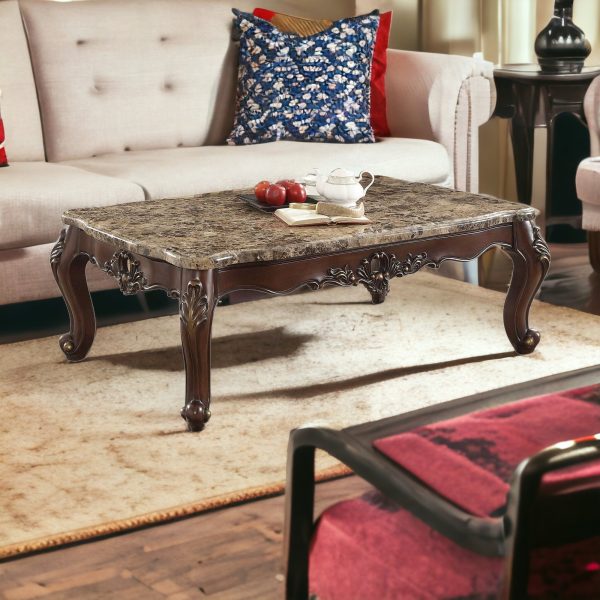 34" Brown and Dark Brown Genuine Marble And Solid Wood Free Form Coffee Table - Image 2