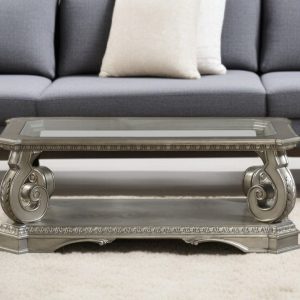 30" Clear and Gray Glass And Solid Wood Floor Shelf Coffee Table With Shelf