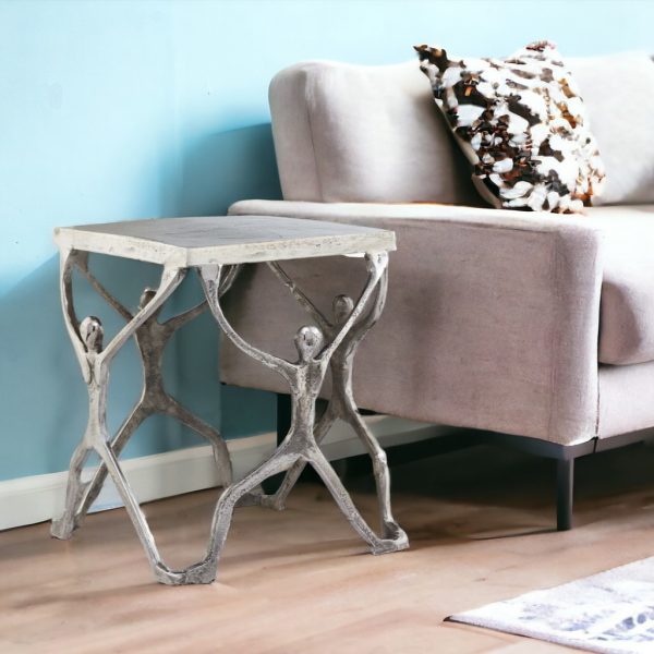 18" Silver And Antiqued White Aluminum Square End Table - Image 2