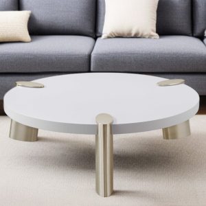 40" White And Gold Stainless Steel Round Coffee Table