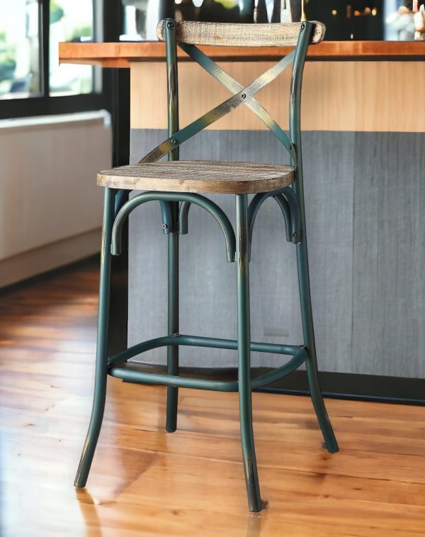 21" Brown And Turquoise Solid Wood And Metal Bar Chair - Image 2