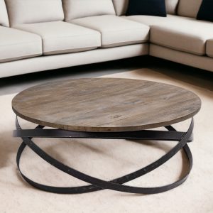41" Brown and Black Solid Wood and Metal Round Coffee Table