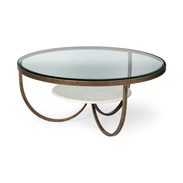 36" Brown and Gold Wood and Metal Round Coffee Table With Shelf - Image 2
