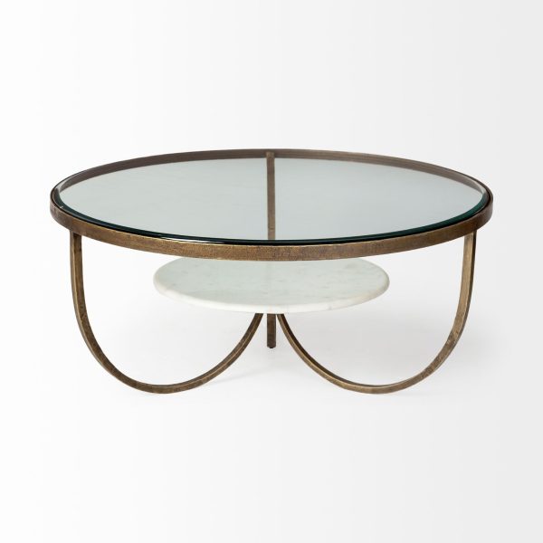 36" Brown and Gold Wood and Metal Round Coffee Table With Shelf - Image 3