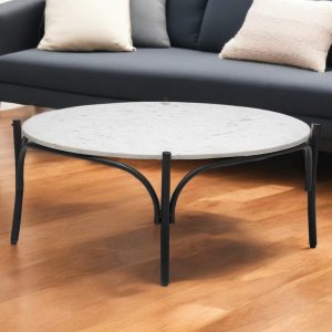 36" Brown and Black Wood and Metal Round Coffee Table