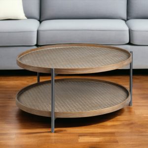 33" Brown and Black Solid Wood and Iron Round Coffee Table With Shelf
