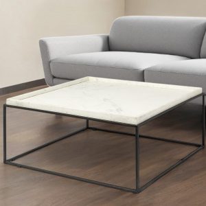36" White and Black Genuine Marble and Metal Square Coffee Table