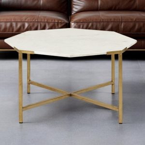 33" White and Gold Genuine Marble and Metal Octagon Coffee Table