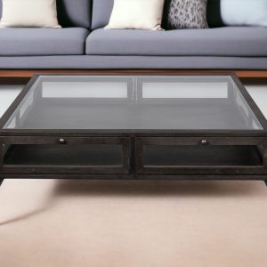 42" Brown and Black Glass and Metal Square Coffee Table With Two Drawers