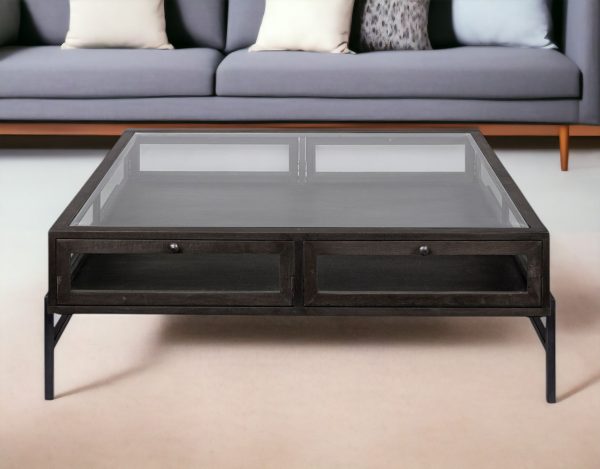 42" Brown and Black Glass and Metal Square Coffee Table With Two Drawers
