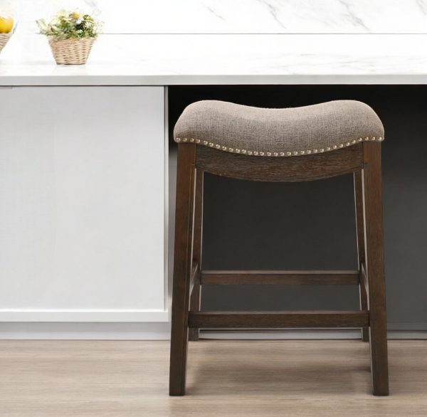 26" Gray and Brown Fabric and Solid Wood Backless Counter Height Bar Chair - Image 2