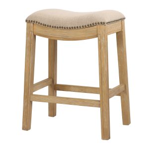 26" Cream and Wood Brown Fabric and Solid Wood Backless Counter Height Bar Chair