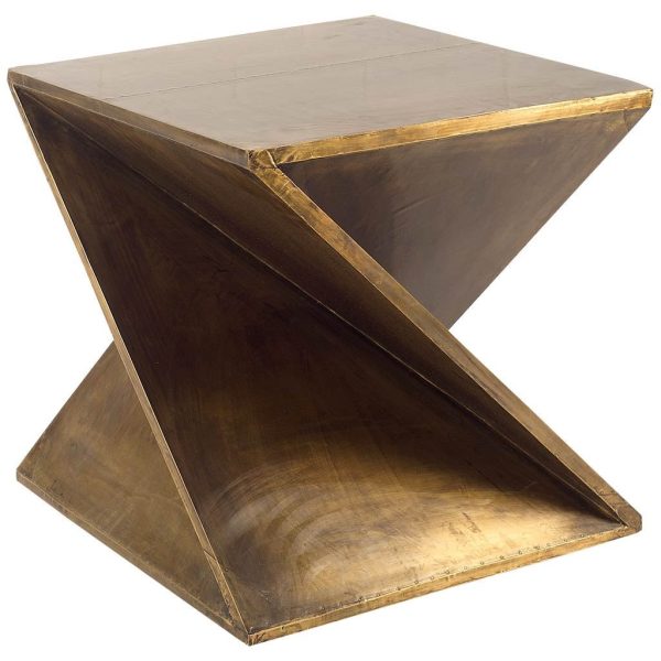 21" Brass Clad Distressed Wood Abstract End Table - Image 2