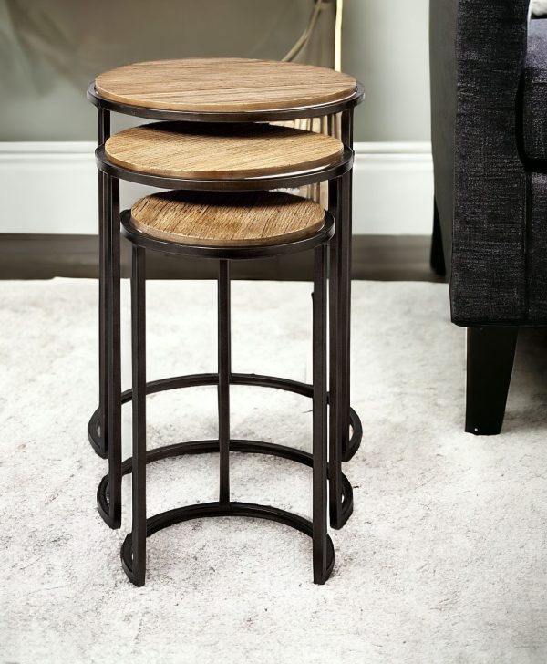 Set of Three 27" Black And Brown Solid Wood Round End Table - Image 2