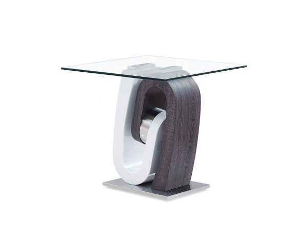 23" White Gray And Clear Glass and Wood Square Pedestal End Table - Image 3