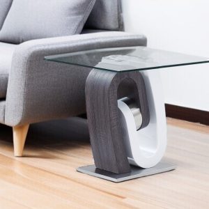23" White Gray And Clear Glass and Wood Square Pedestal End Table