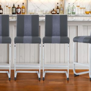 Set of Four 26" Gray and Silver Metal and Faux Leather Counter Height Bar Chairs