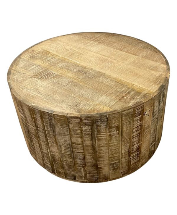 32" Brown Solid Wood Round Distressed Drum Coffee Table - Image 3